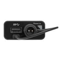 Targus USB-C Multiplexer Adapter showing 2 Pin to 3 Pin Adapter connected to DC Input Port, and USB 3.0 Type-A Port and LED Power Indicator Light