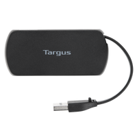 Targus 4-Port USB2.0 Hub showing x3 USB 2.0 Ports and tethered USB 2.0 Type-A Male Host Connection Cable showing Cable Storage Lug