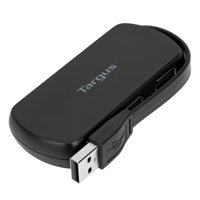 Targus 4-Port USB2.0 Hub showing x3 USB 2.0 Ports and showing stowed USB 2.0 Type-A Male Host Connection Cable