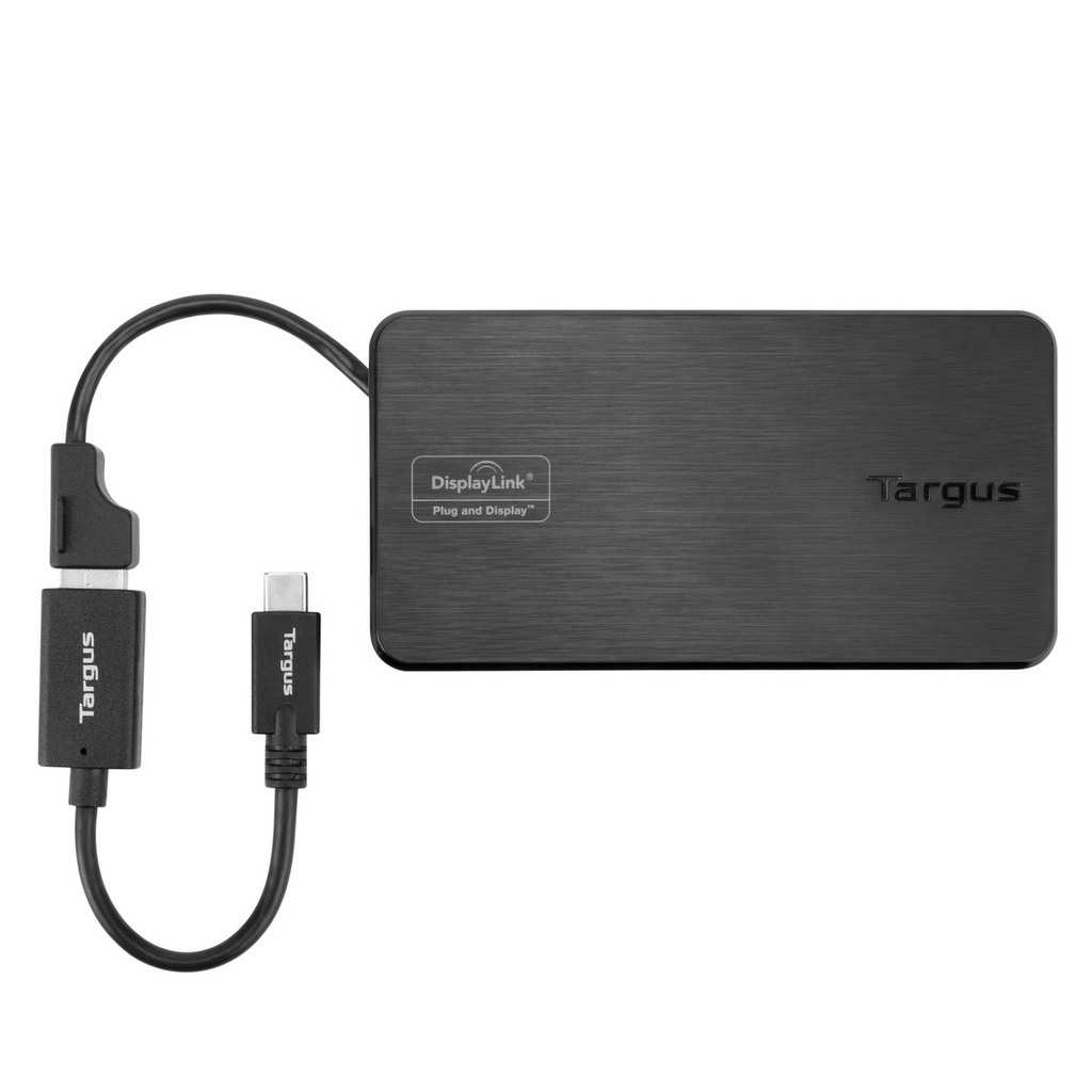 Targus USB 3.0 & USB-C Dual Travel Dock showing USB-A to USB-C Adapter Cable Connected