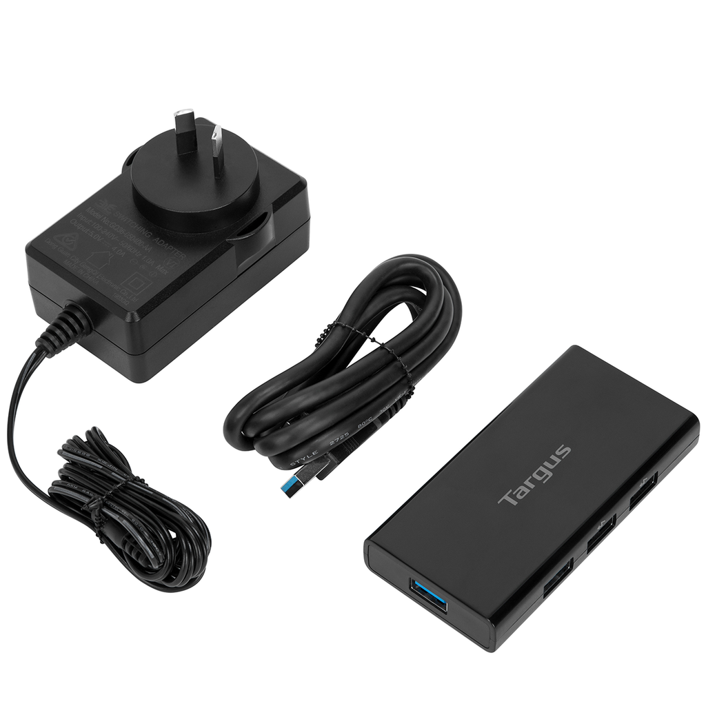 Targus 7-Port USB 3.0 Powered Hub with Fast Charging showing 5V 4A AC Adapter and USB 3.0 Type-A to MicroB Host Connection Cable